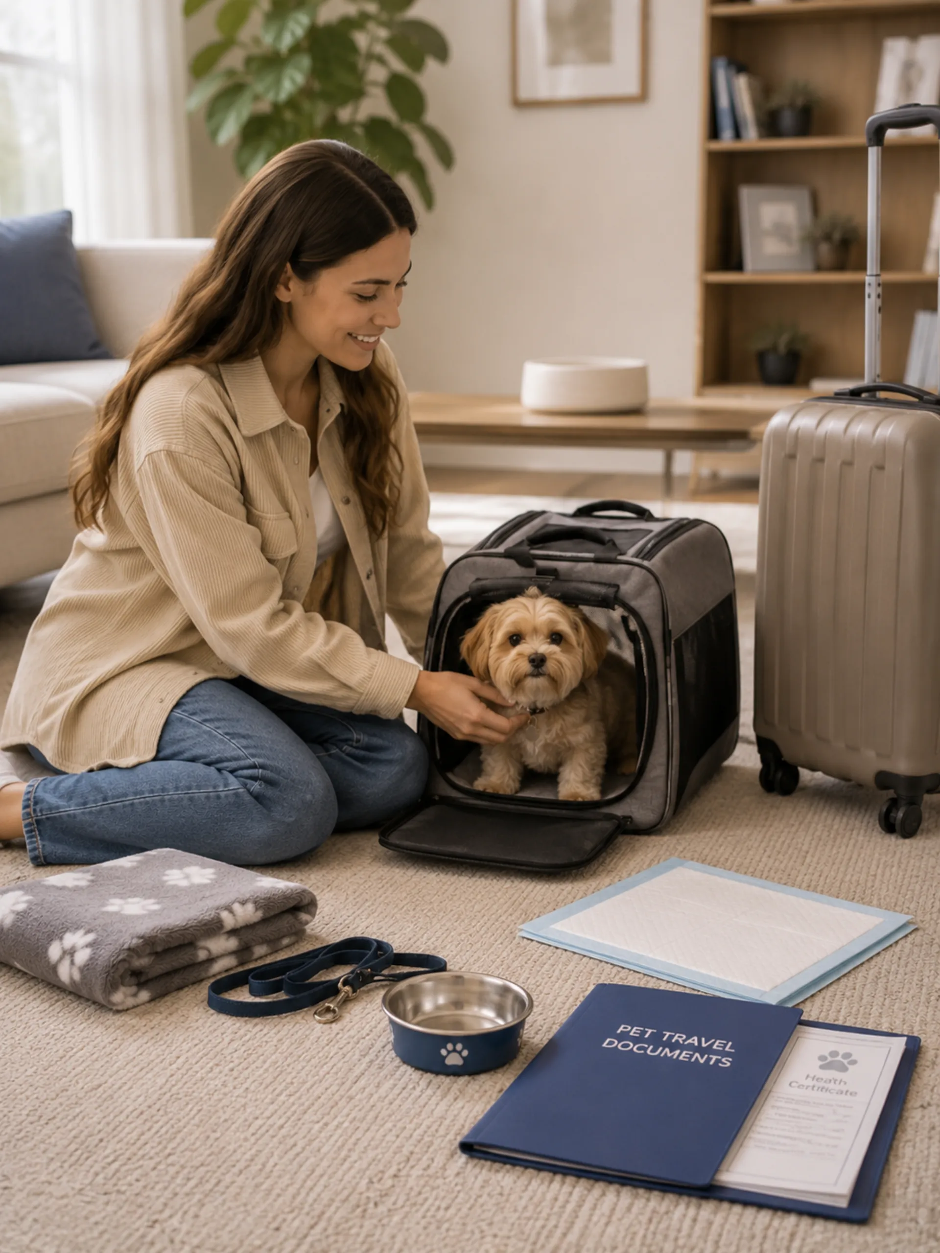 Une propriétaire aide doucement son chien à s'installer confortablement dans un sac de transport à la maison avant le vol.