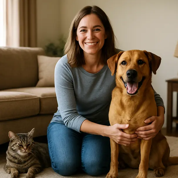 Husdjursägare och pet carer möts i vardagsrummet med en hund närvarande