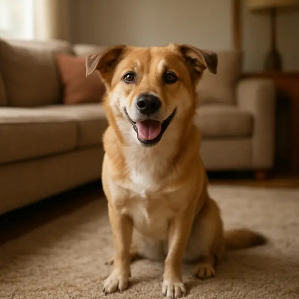 Petit chien croisé blotti contre son propriétaire sur le canapé