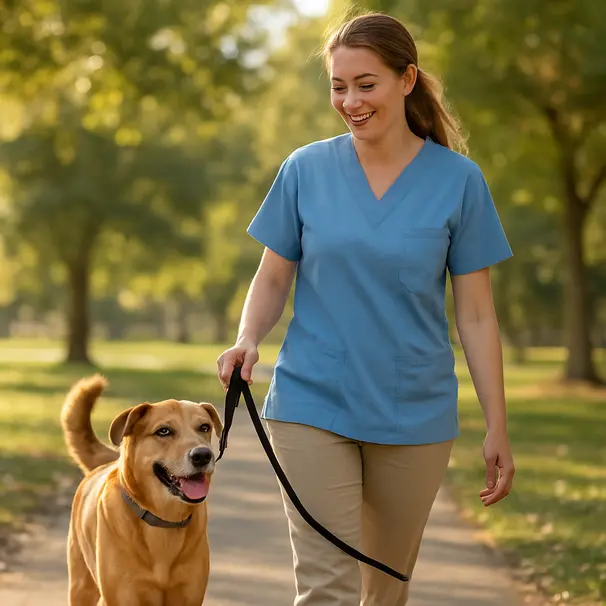 Pet carer playing with a dog in a safe yard with toys and fencing