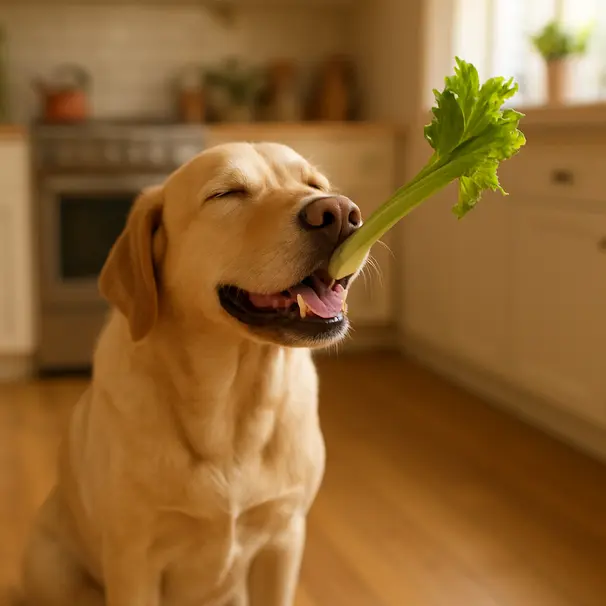 Dog and celery ingredients on a kitchen counter