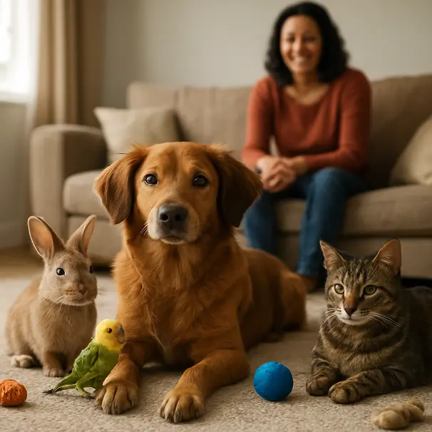 Persona cepillando un perro mientras un gato juega con un juguete puzzle en un salón luminoso