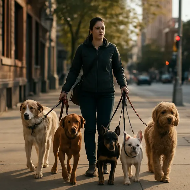 A careful carer walks multiple dogs through the city