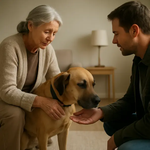 Ein Pet Carer hilft während einer häuslichen Sozialisierungssitzung.