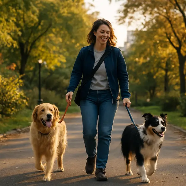 Un carer passeggia con due cani nel parco.