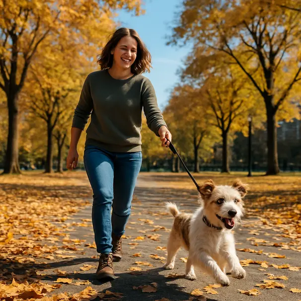 Dog sitter pasea a un perro en el parque de la ciudad.