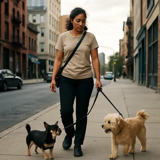 Balade urbaine avec deux chiens, professionnel et attentif.