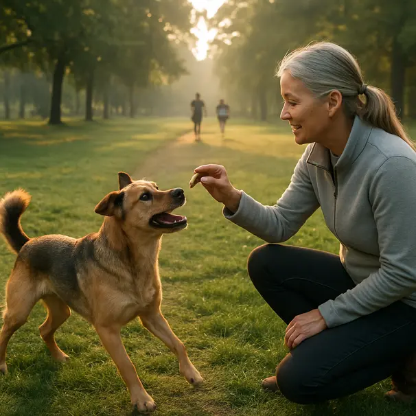 Un pet sitter offre un premietto di pisello congelato durante una passeggiata.