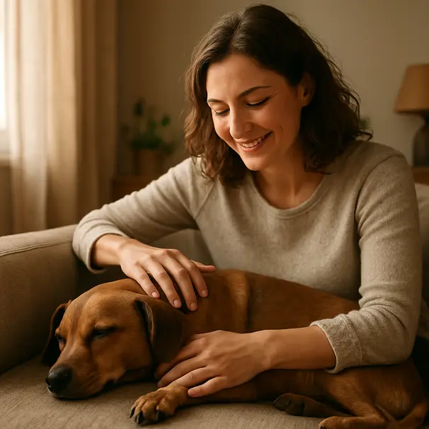 Un momento calmo tra proprietario e cane sul divano.