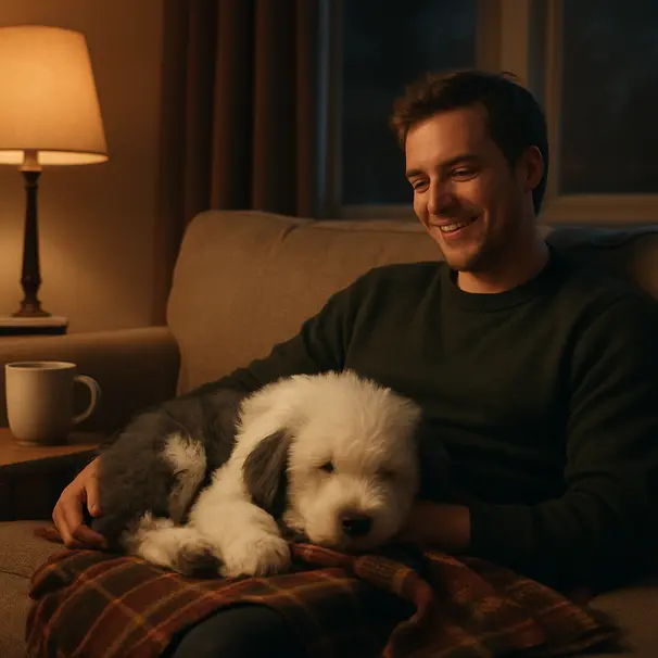 Un câlin tranquille le soir après une grande journée dehors.