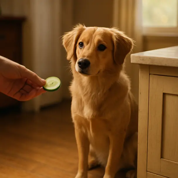 A pup curiously checking a sliced cucumber snack.