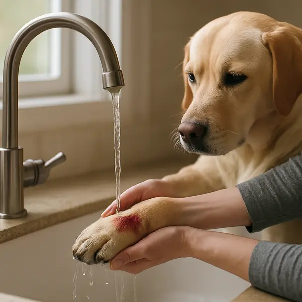 Raffreddare delicatamente la zampa con acqua tiepida.