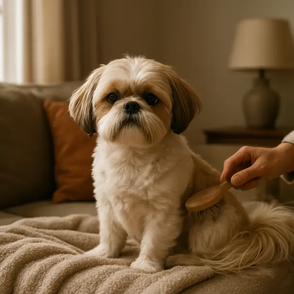 Gentle grooming calms a relaxed small dog indoors.