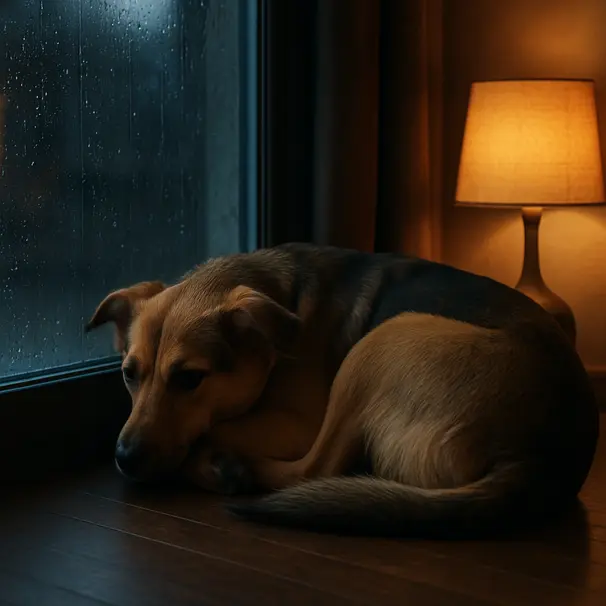 A worried dog tucks its tail on a rainy evening.