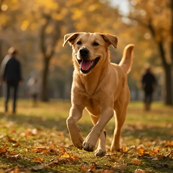 A playful dog wags happily during a park run.