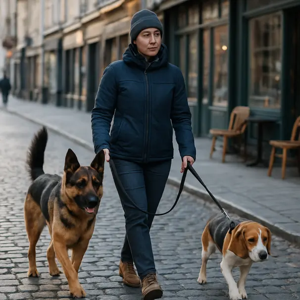 Two dogs show different tail languages on a walk.