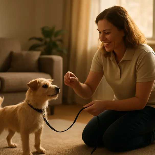 A calm meet-and-greet between carer and a cautious dog.