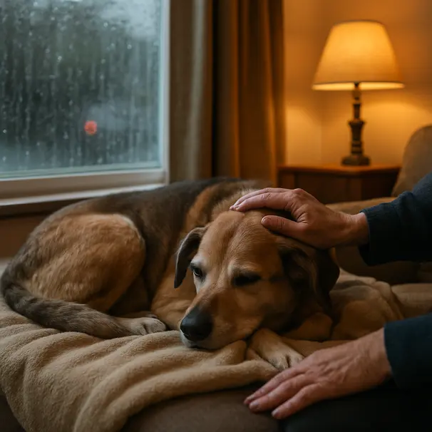 A quiet evening cuddle comforts pets after a stay.