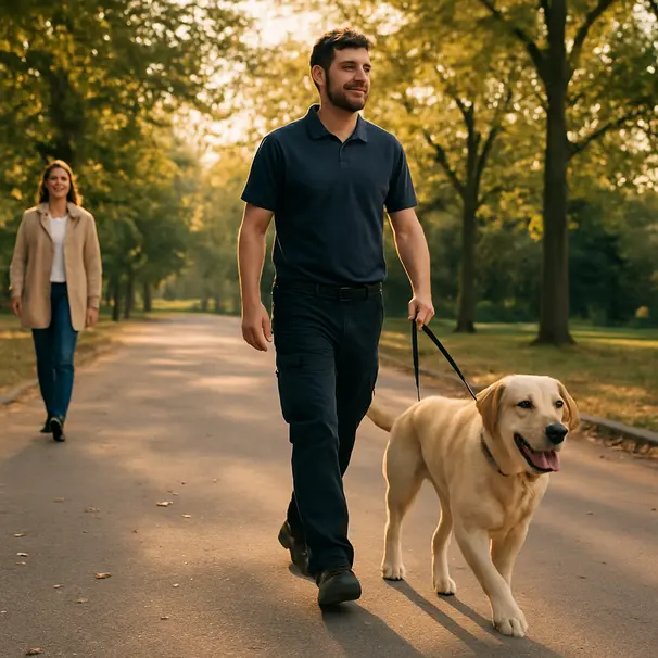 A calm walk with a caregiver builds social confidence.