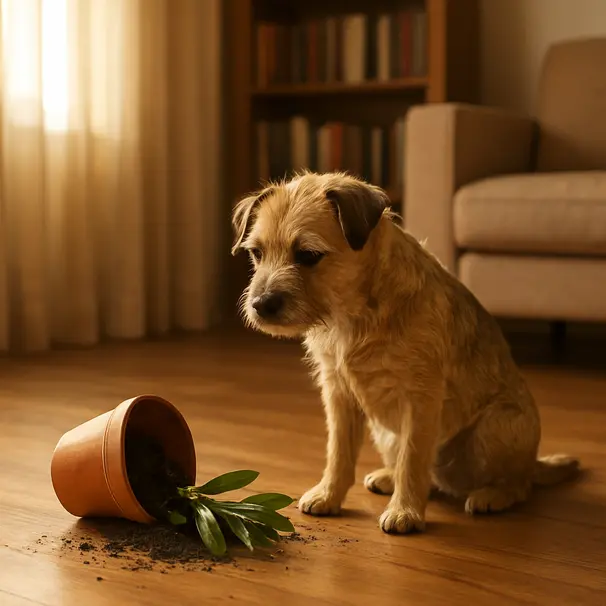 A dog looks away after drawing attention in a living room.