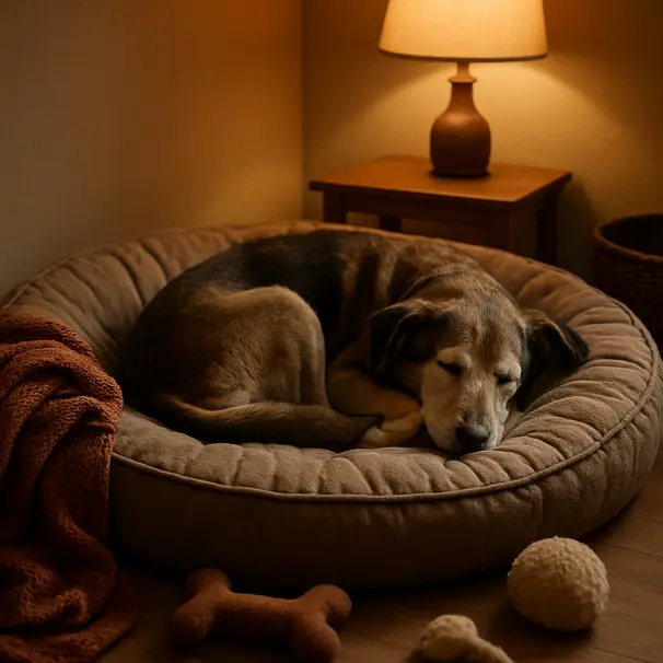 A quiet safe space helps anxious dogs settle down.