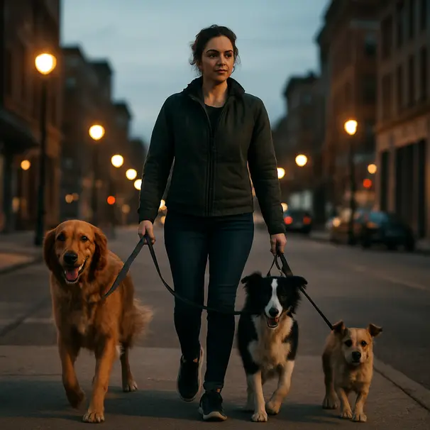 Passeggiata serale per più cani in città.
