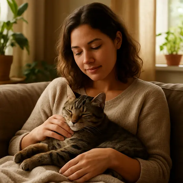 Un momento tranquillo di coccole con un gatto domestico.