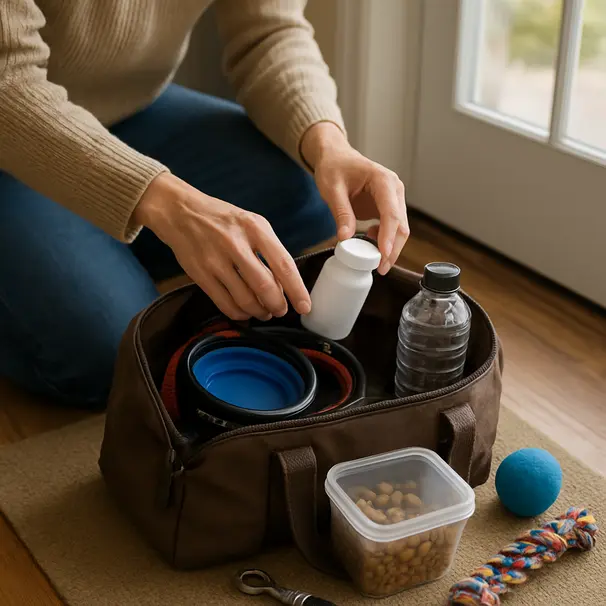 Il pet carer prepara la borsa con gli oggetti essenziali.