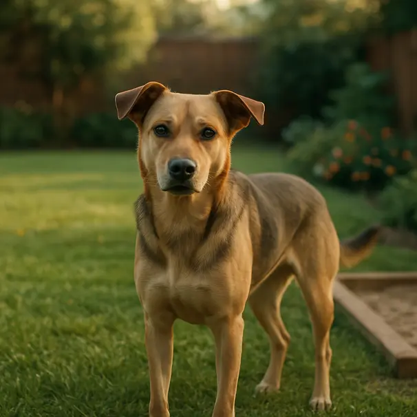 Un cane osserva il giardino prima di giocare.
