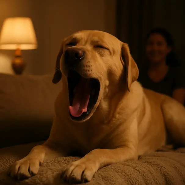 Un cane sbadiglia rilassato sul divano di casa.