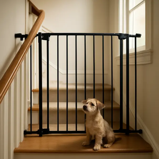 A sturdy gate protecting a curious puppy from the stairs.