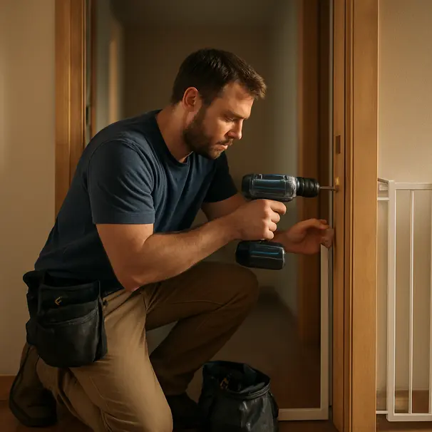 Pet carer installing a hardware-mounted gate professionally.