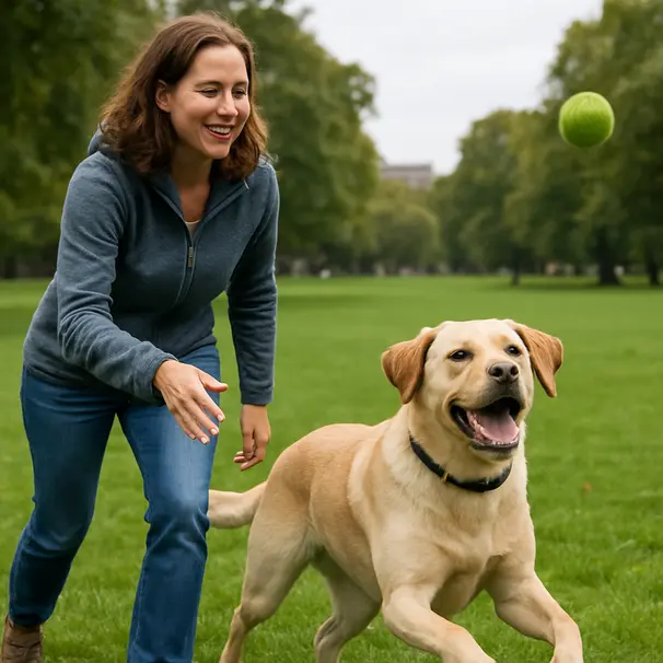 Pet carer scambia giochi con un cane al parco.