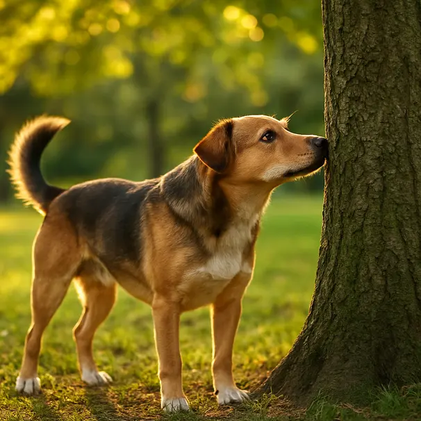 Un cane curioso durante una passeggiata esplorativa.