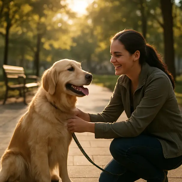 Ein freundliches Kennenlernen im Park zwischen Hund und Carer