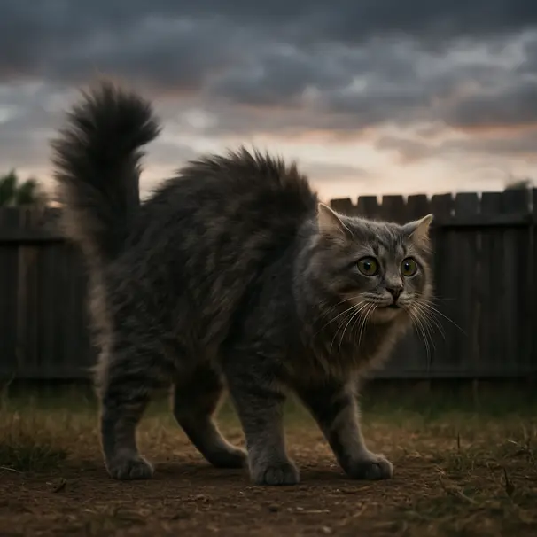 A stressed cat puffs its tail to look larger.