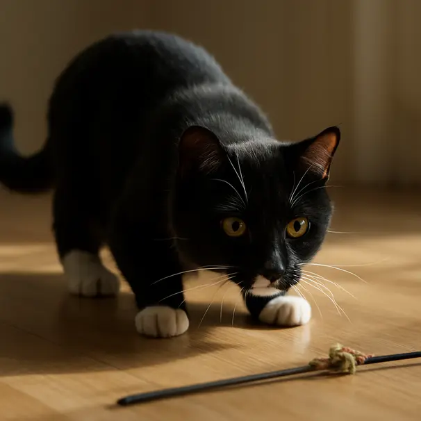 Playful stalking shows a twitching tail tip.