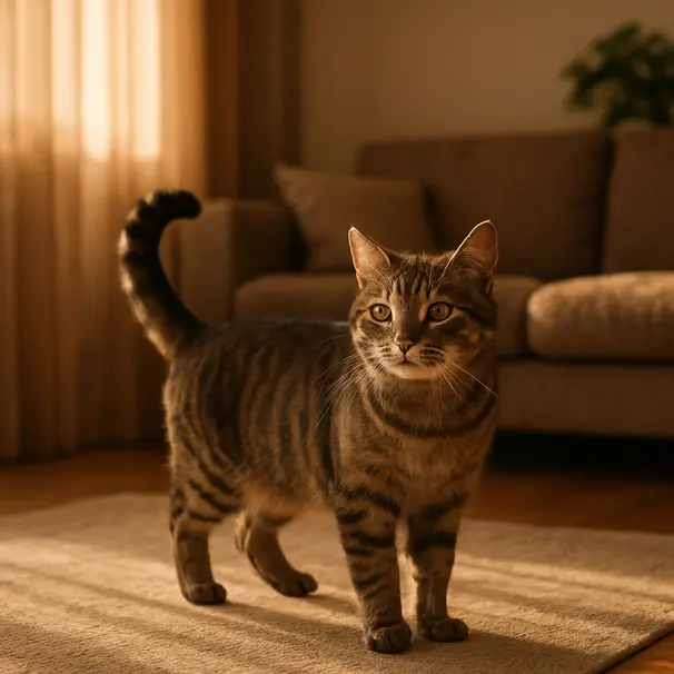 A confident cat greets with a high, curved tail.