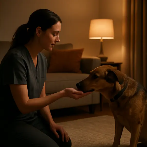 Una presentazione calma con un pet carer a casa.