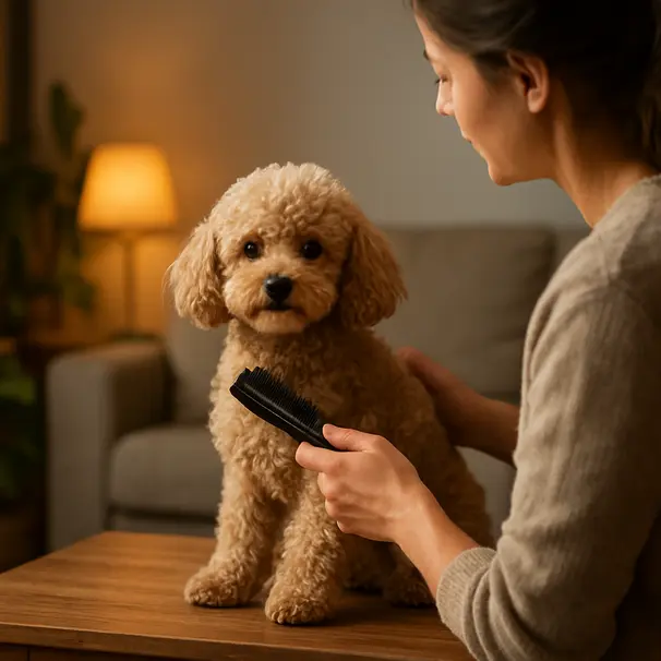 A trusted carer gently brushes a calm dog indoors.