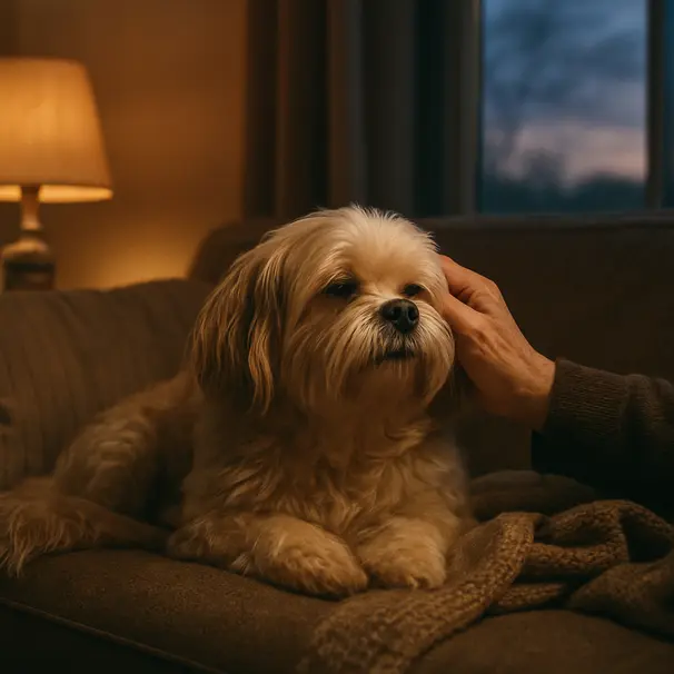 A senior dog relaxes during a quiet evening cuddle.