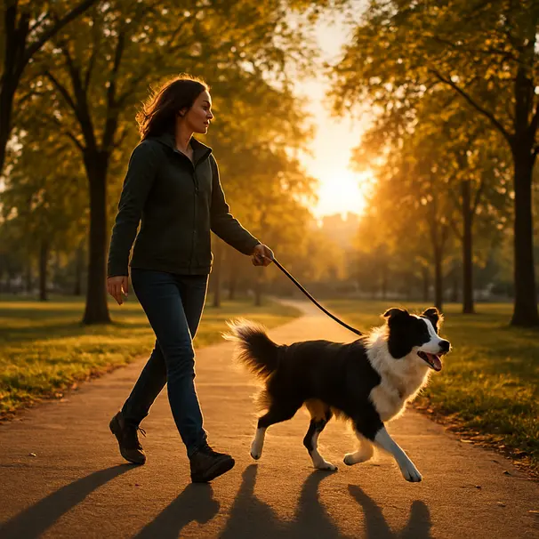 Passeggiata serale per calmare un cane energico.
