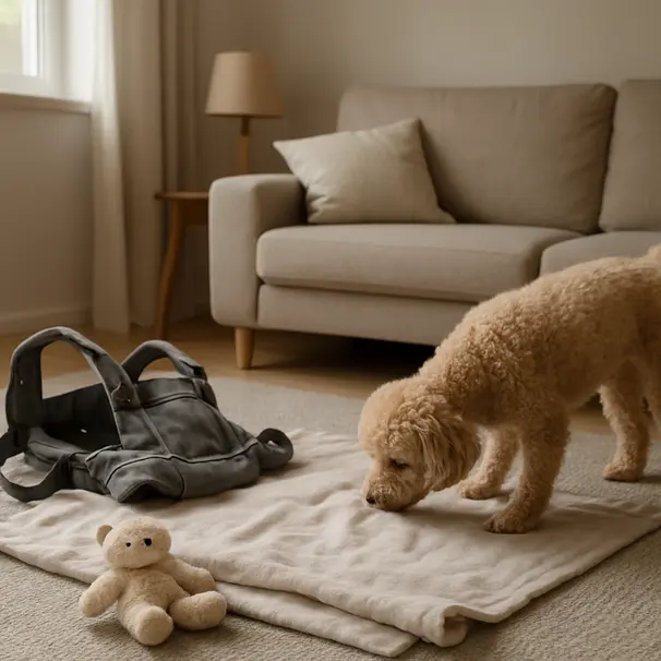 Introducing new baby items slowly helps dogs adapt.