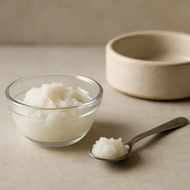 A small spoonful of coconut oil measured for a dog.