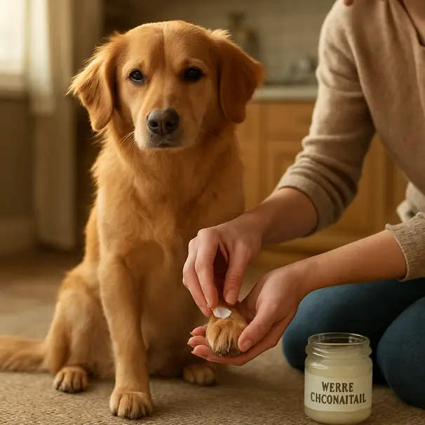 Gently massaging coconut oil into a dog’s paw pad.