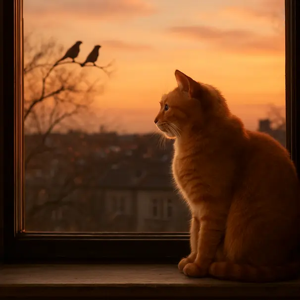 Window watching keeps indoor cats happily entertained at dusk.