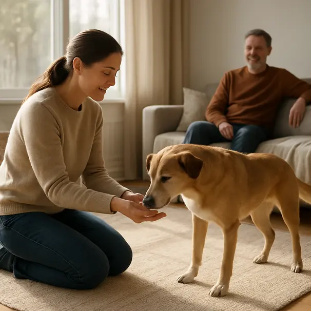 En rolig introduksjon mellom dyrepasser og hund.