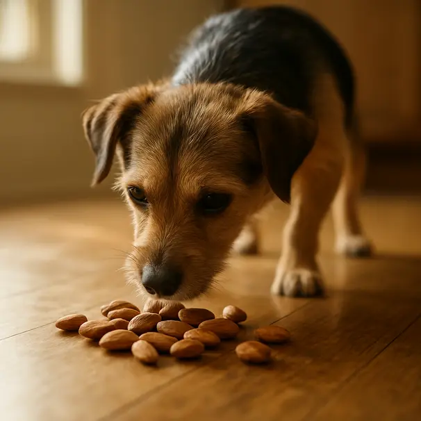 A curious pup sniffs spilled almonds on the kitchen floor.