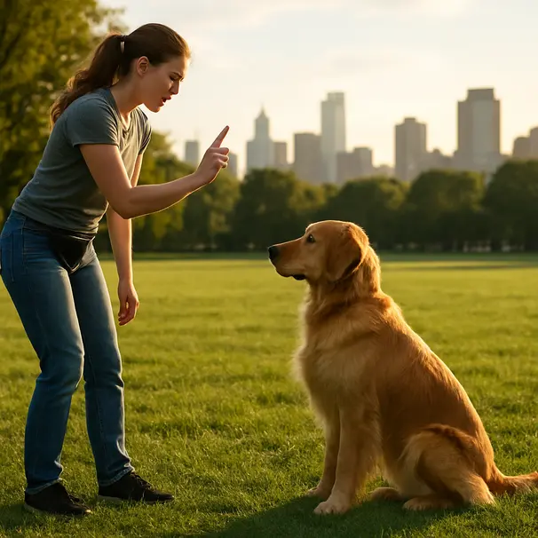 A pet carer practices leave-it during a sunny park walk.