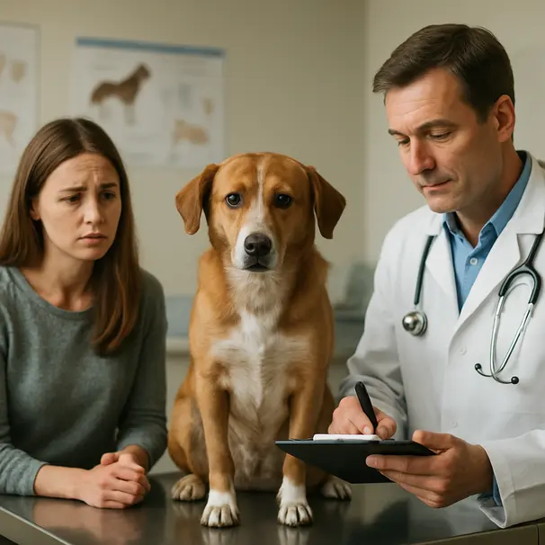 A vet checks a worried dog after accidental snacking.